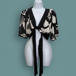 bebe Tie-Front Bolero Shrug Top Black/White S